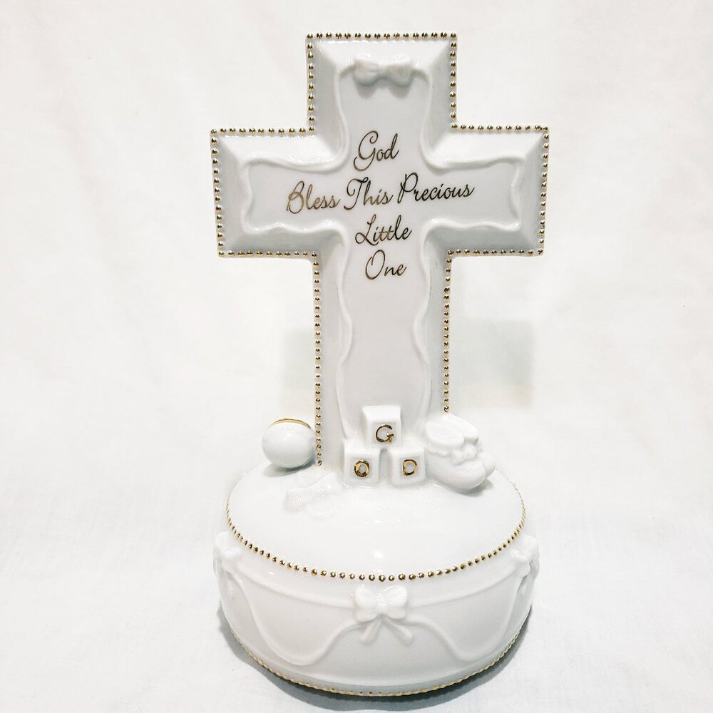 Roman God Bless Baby Music Box Ceramic 2001 Plays Jesus Loves Me Nursery 7"